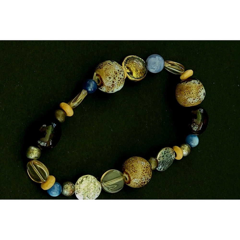 Mixed Ceramic Glass Metal Bead Stretch Bracelet Blue Brown Boho